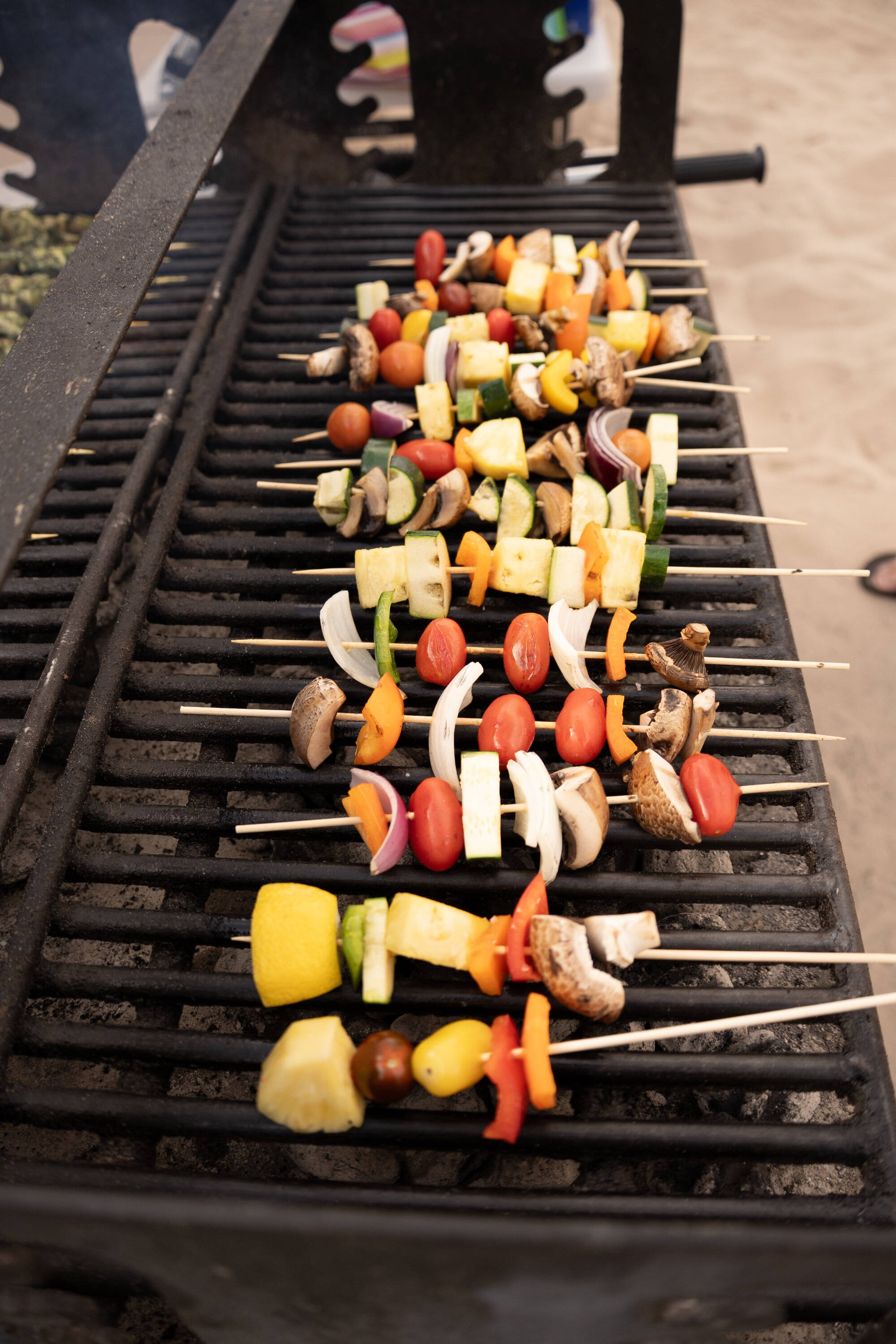 Skewers of veggies on a grill